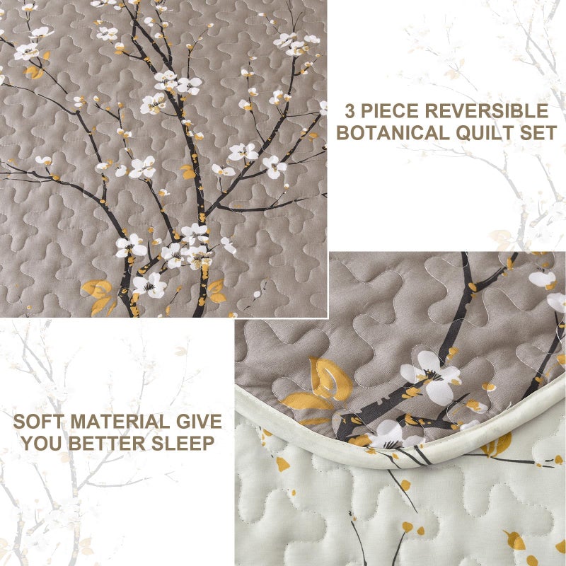 DJY 3 Pieces Floral Quilt Set King Size Tan Branch Pattern Quilt, Cream White Floral Reversible Bedspread, Soft Microfiber Botanical Floral Summer Quilt Bedding Coverlet Set for All Season (110â€˜'x90'') - Image 4