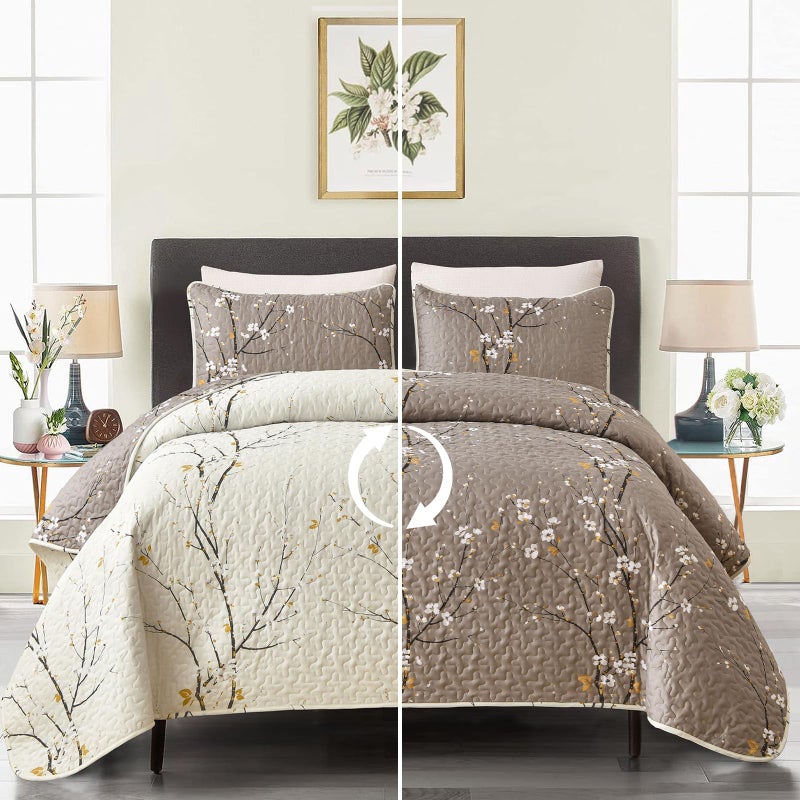 DJY 3 Pieces Floral Quilt Set King Size Tan Branch Pattern Quilt, Cream White Floral Reversible Bedspread, Soft Microfiber Botanical Floral Summer Quilt Bedding Coverlet Set for All Season (110â€˜'x90'') - Image 1