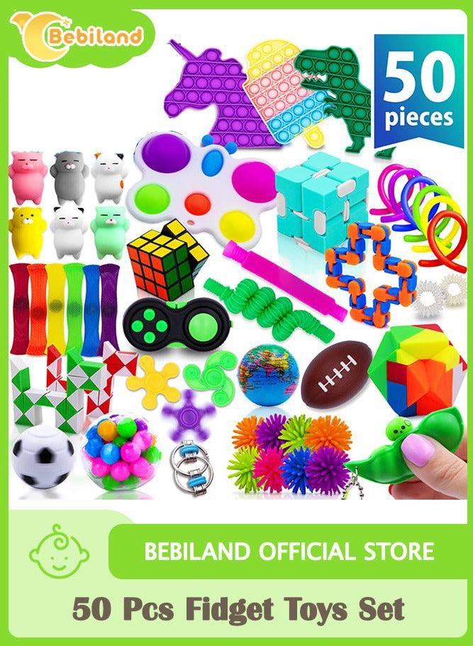 Bebiland 50 Pcs Fidget Toys Set for Kids, Adults Stress Relief Sensory Toy, ADHD Toys Bulk for Classroom Treasure Box Prizes, Gifts for Kids, Party Favors (Colors are Random)  - Image 1