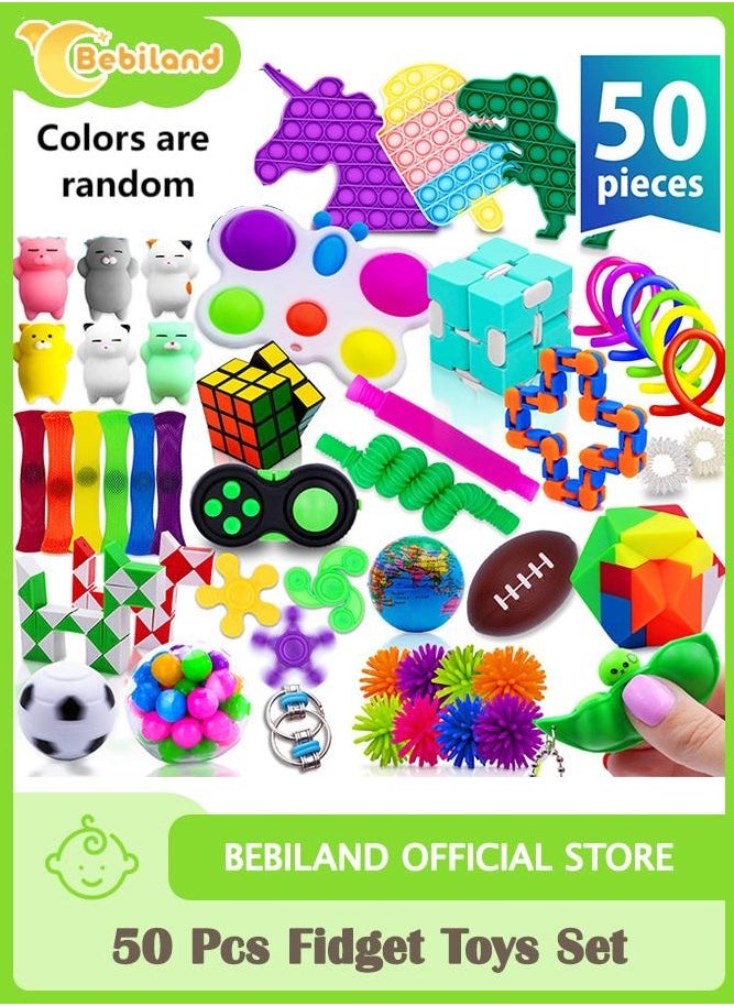 Bebiland 50 Pcs Fidget Toys Set for Kids, Adults Stress Relief Sensory Toy, ADHD Toys Bulk for Classroom Treasure Box Prizes, Gifts for Kids, Party Favors (Colors are Random)  - Image 1