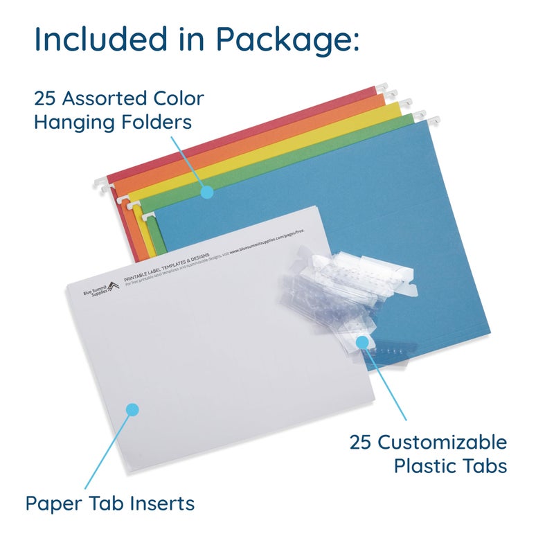 Blue Summit Supplies Hanging File Folders, 25 Pack, Letter Size, Assorted Colors, 1/5 Cut Adjustable Tab Inserts, Designed for Color Coded File Organization and File Cabinets, File Cabinet Organizer - Image 4
