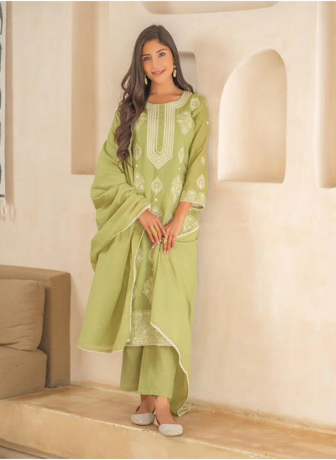 DW Embroidered Cotton Round Neck Kurta with Trousers and Dupatta Set by Styli