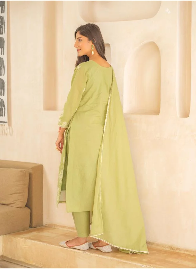 DW Embroidered Cotton Round Neck Kurta with Trousers and Dupatta Set by Styli
