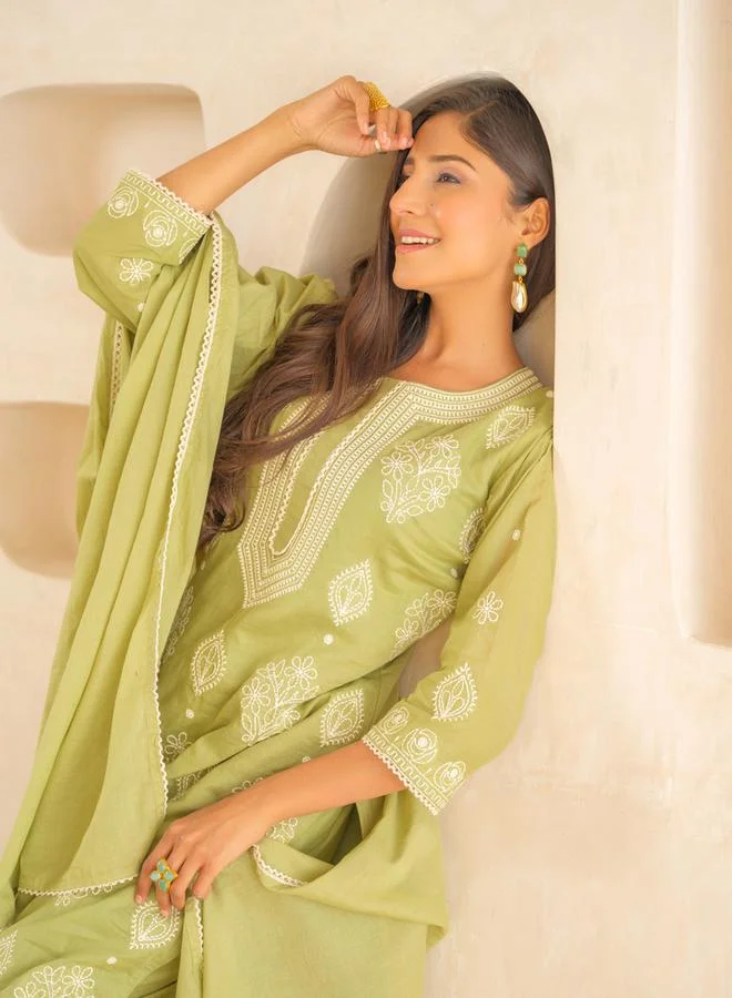 DW Embroidered Cotton Round Neck Kurta with Trousers and Dupatta Set by Styli