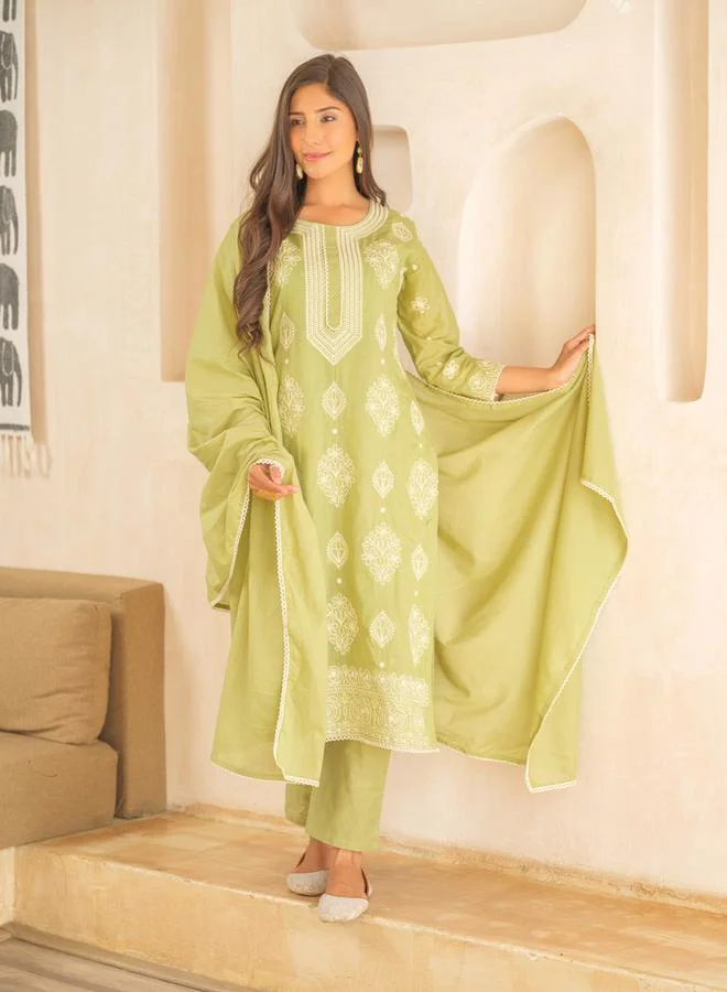 DW Embroidered Cotton Round Neck Kurta with Trousers and Dupatta Set by Styli