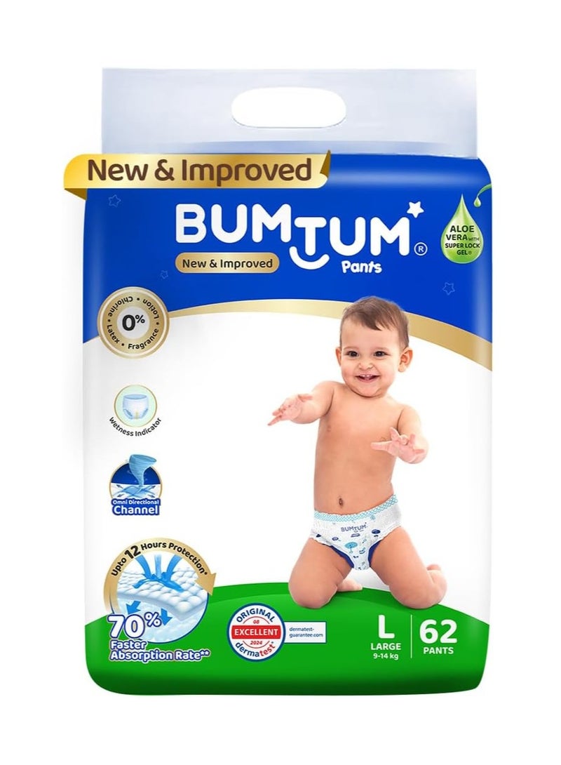 Bumtum Baby Diaper Pants, L (Size 4), 9-14 kg, Double Layer Leakage Protection Infused With Aloe Vera, Cottony Soft High Absorb Technology, 62 Diaper - Image 1