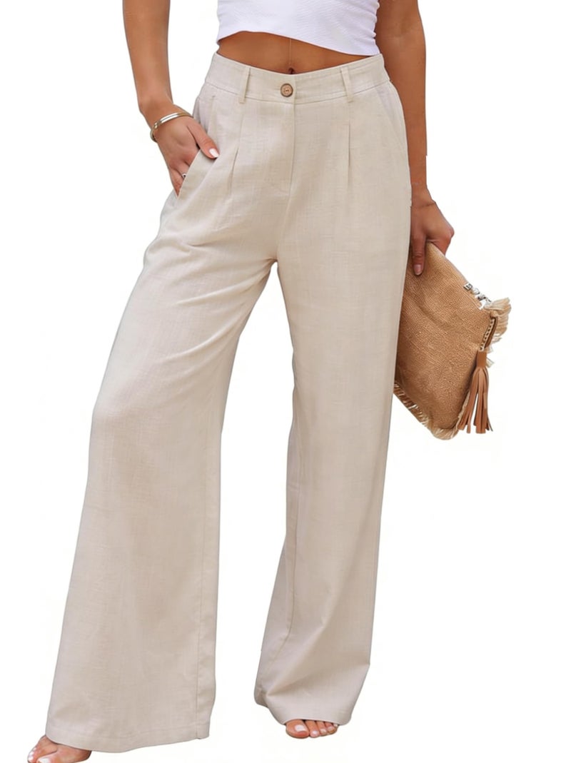 heipeiwa Women's Cotton Linen Summer Casual High Waist Wide Leg Dressy Flowy Pants - Image 1