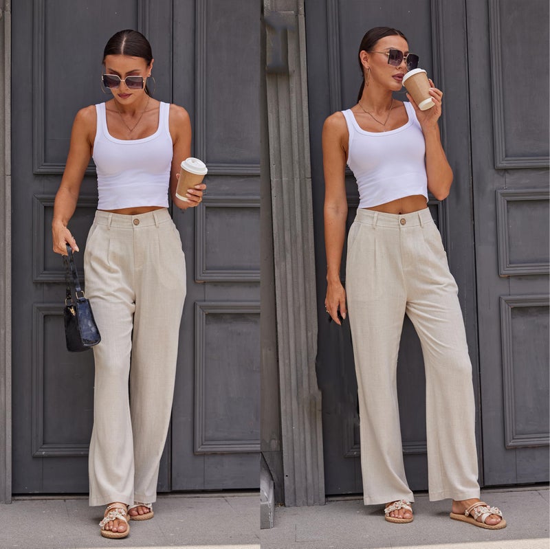 heipeiwa Women's Cotton Linen Summer Casual High Waist Wide Leg Dressy Flowy Pants - Image 4