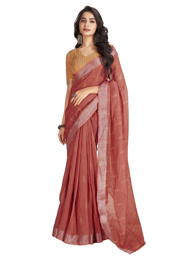 Satrani Women's Cotton Printed Zari Stripe Ready To Wear Saree with Unstitched Blouse Piece (18RS168N_Dusty Red4) - Image 1