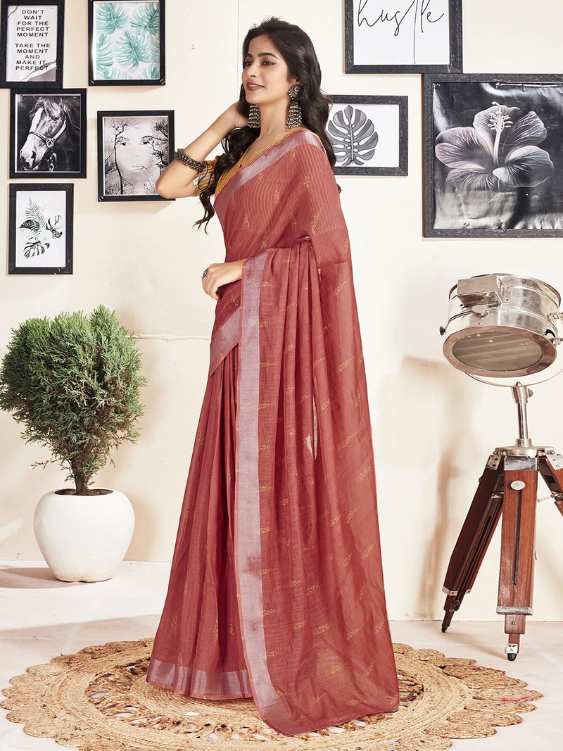 Satrani Women's Cotton Printed Zari Stripe Ready To Wear Saree with Unstitched Blouse Piece (18RS168N_Dusty Red4) - Image 2