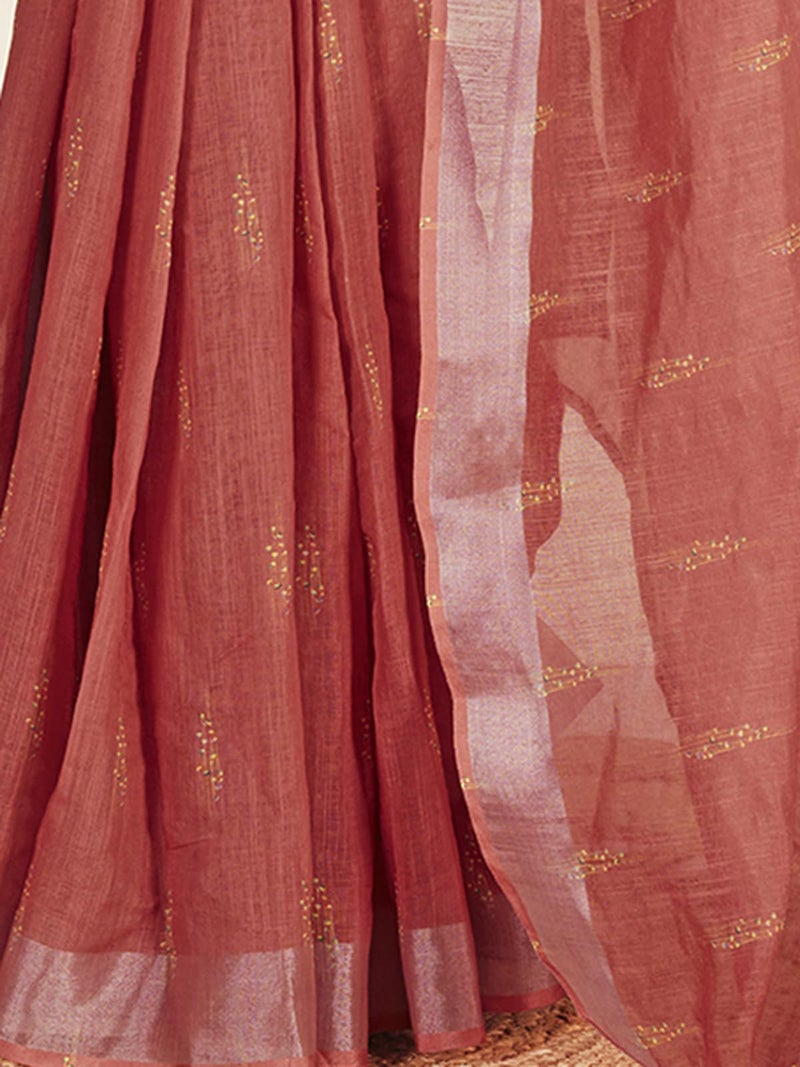 Satrani Women's Cotton Printed Zari Stripe Ready To Wear Saree with Unstitched Blouse Piece (18RS168N_Dusty Red4) - Image 5