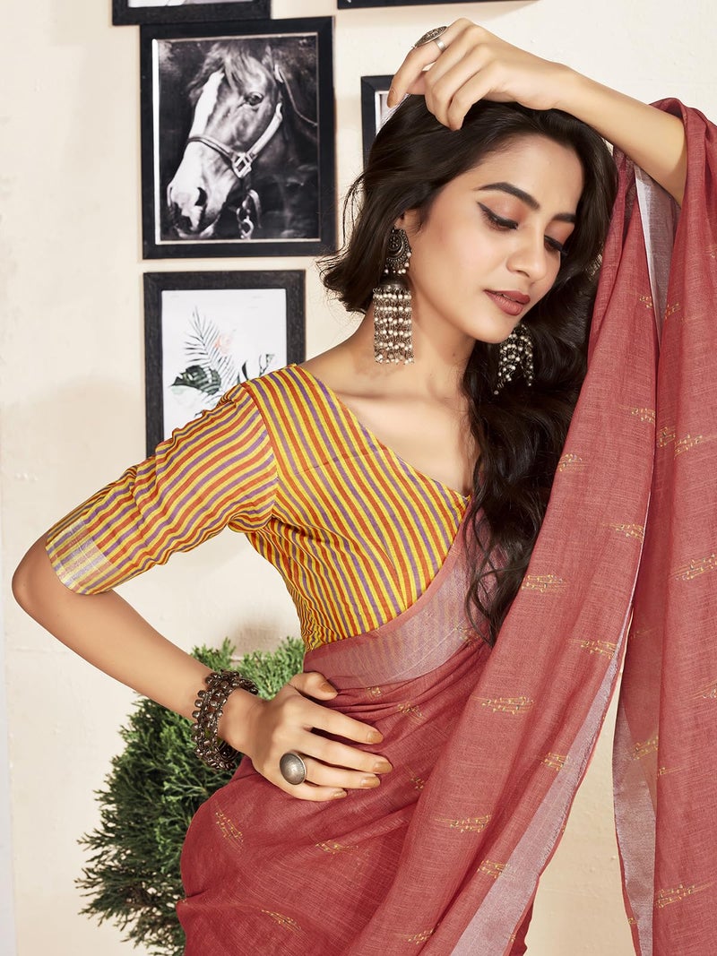 Satrani Women's Cotton Printed Zari Stripe Ready To Wear Saree with Unstitched Blouse Piece (18RS168N_Dusty Red4) - Image 4
