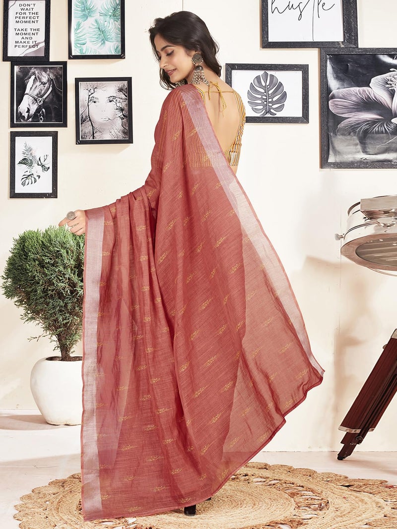 Satrani Women's Cotton Printed Zari Stripe Ready To Wear Saree with Unstitched Blouse Piece (18RS168N_Dusty Red4) - Image 3