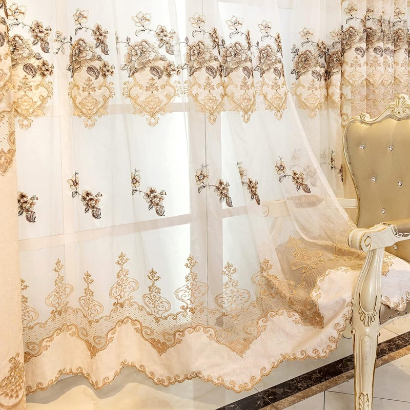 ELKCA European Style Luxury Beige Embroidered Sheer Curtain for Living Room Elegant Floral Tulle Curtains for BedroomGrommet TopW52inch by L84inch2 Panels - Image 2
