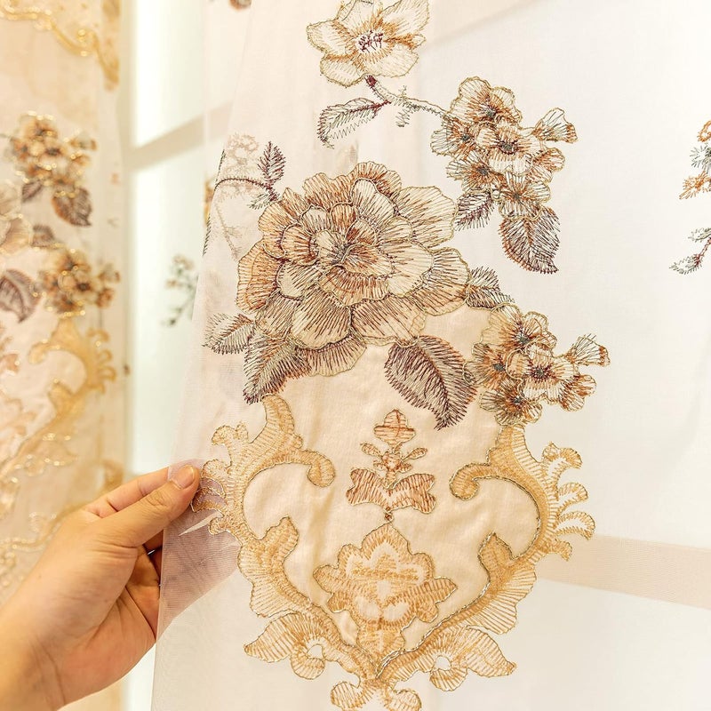 ELKCA European Style Luxury Beige Embroidered Sheer Curtain for Living Room Elegant Floral Tulle Curtains for BedroomGrommet TopW52inch by L84inch2 Panels - Image 3