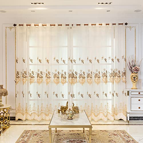 ELKCA European Style Luxury Beige Embroidered Sheer Curtain for Living Room Elegant Floral Tulle Curtains for BedroomGrommet TopW52inch by L84inch2 Panels - Image 1