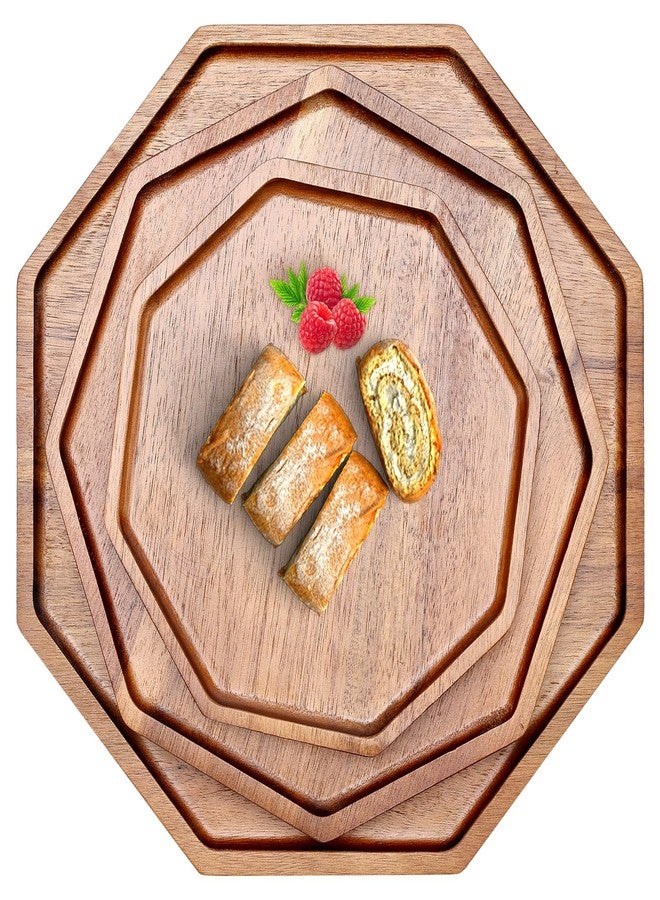 Renawe Set of 3 Acacia Wood Serving Trays Cheese Platters Octagon Round Tray Wooden Charcuterie Board for Fruit Food Tray Appetizer Cheese Platter Vegetable Plates Dish Serving Boards - Image 1