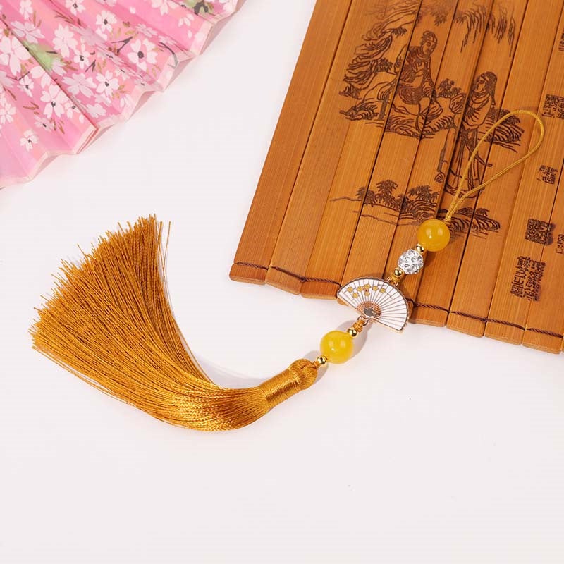 Generic Diamond Ball white fan tassel tassel Palace style cheongsam hanging tassel Han clothing accessories car hanging bag Press placket round beads hanging beard Yellowish brown