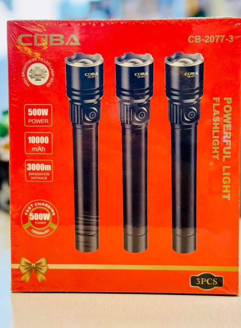كوبا مجموعة كشافات LED من Coba موديل CB-2077-3 (3 قطع) – إضاءة قوية ببطارية 10000mAh قابلة للشحن ومدى بعيد - Image 1
