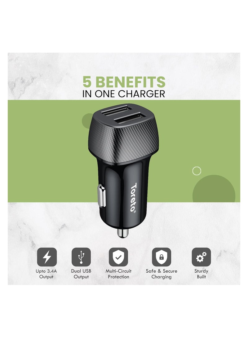 Toreto TOR-427 TOR-Plush Pro Dual USB Port Car Charger with Fast Charge 3.4A + Micro USB Cable (Black) - Image 3
