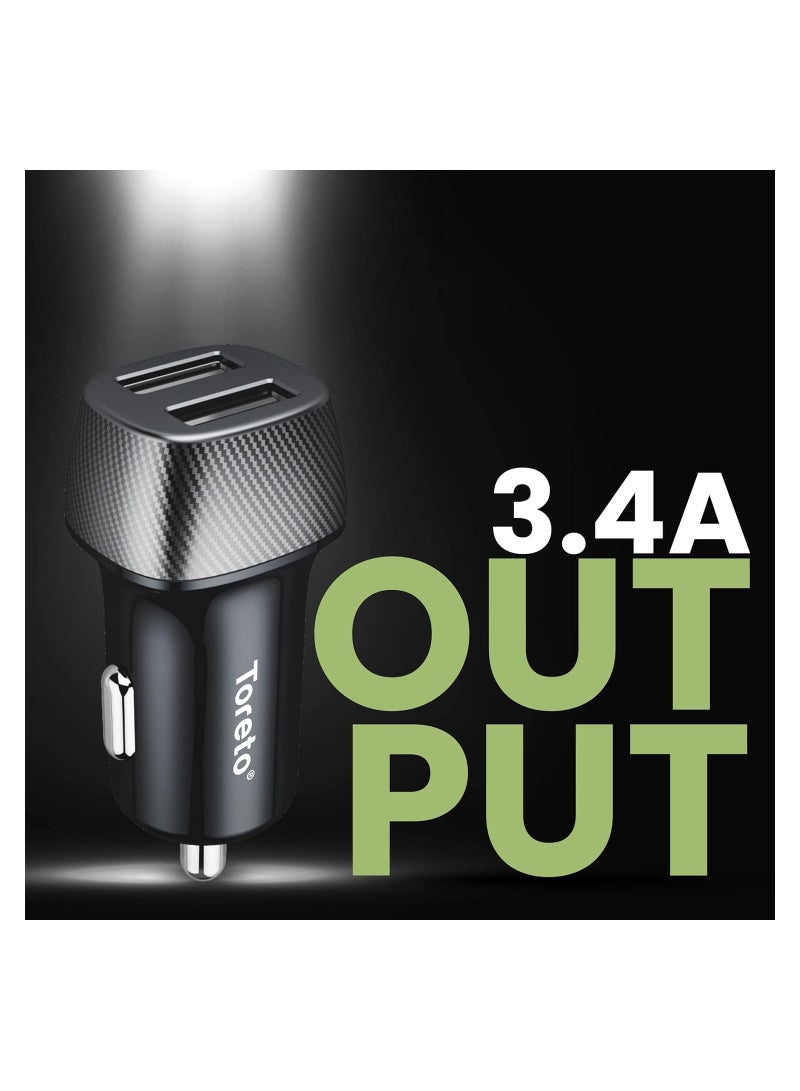 Toreto TOR-427 TOR-Plush Pro Dual USB Port Car Charger with Fast Charge 3.4A + Micro USB Cable (Black) - Image 4