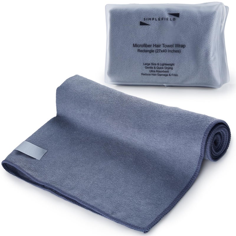 SimpleField Large Microfiber Hair Towel Wrap for Women (27x40 Inches). Anti Frizz Rectangle Fast Drying Towel with Elastic Band for Long, Curly, and Thick Hair. Includes Reusable Carry Bag (Grey) - Image 1