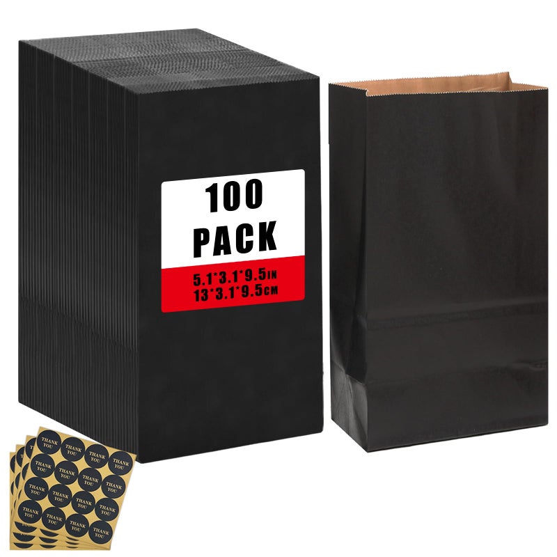 Bakepacker 100 Pcs Black Treat Paper Bags with 100 Stickers 5.1"x3.1"x9.4" Kraft Small Party Gift Bag Snack Bag without Handle - Image 1