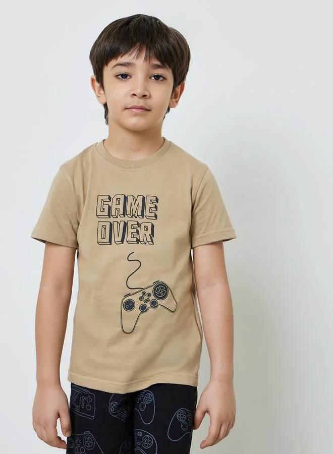 Styli Boys Beige Gaming Graphic T-Shirt and Shorts Set