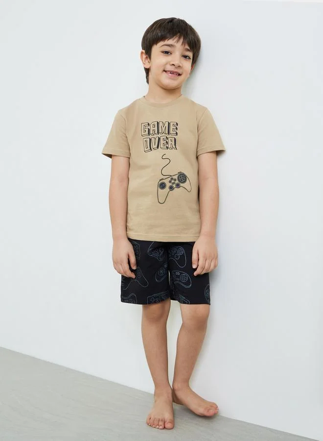 Styli Boys Beige Gaming Graphic T-Shirt and Shorts Set