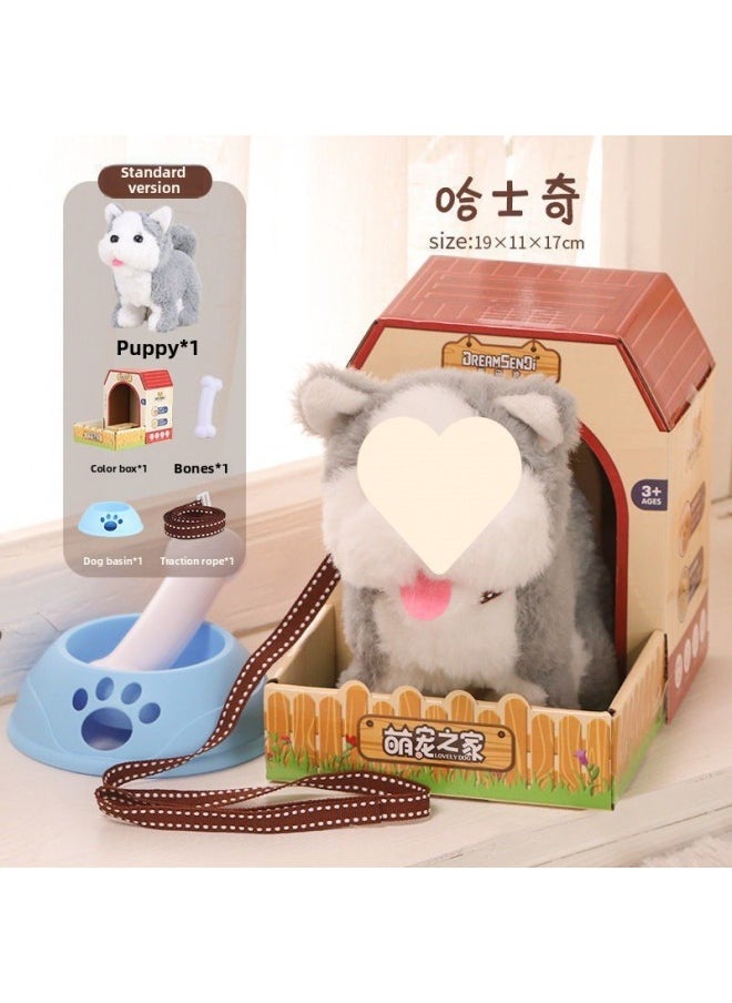 Toy Dog Dog Imitation Dog Children Walking Can Call Baby Electric Plush Electronic Small Can Move Baby Pet-Color:Husky Standard Configuration (home + Dog Basin + Dog Head + Traction Line)-Specifications:[battery Model] Comes With Ordinary Battery + Screwdriver  - Image 1