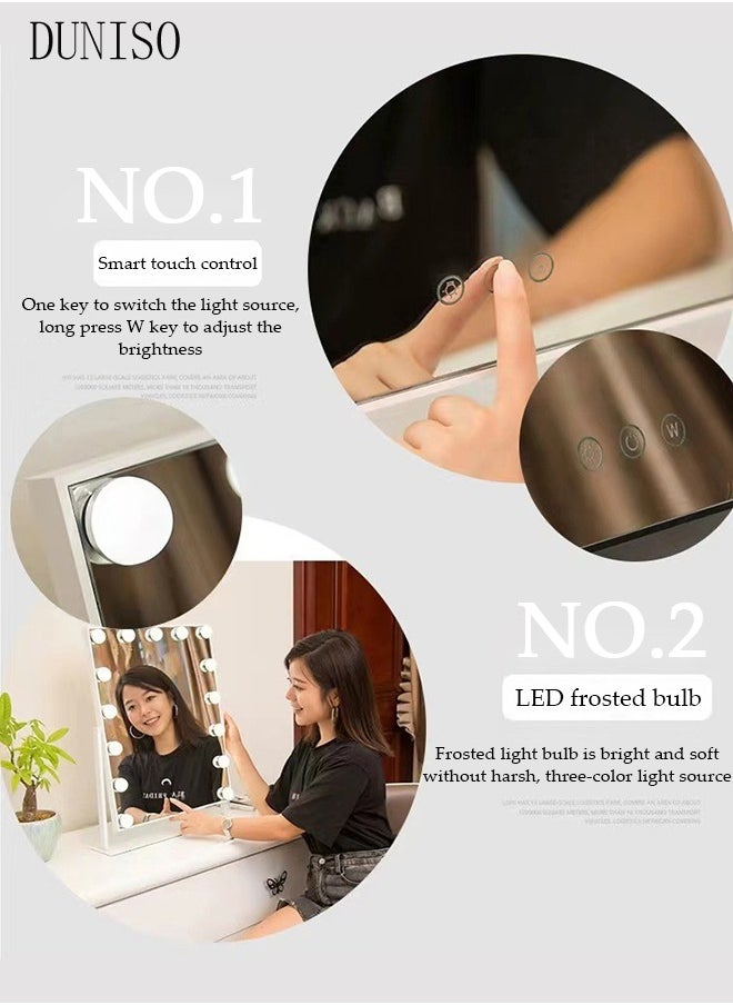 DUNISO - Makeup mirror with LED lights, Hollywood makeup mirror, equipped with 12 adjustable light bulbs and intelligent touch three color lighting mode, capable of 360 ° rotation - Image 1