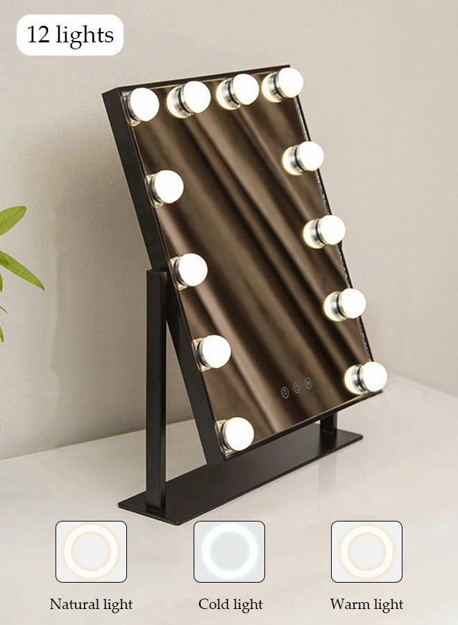 Smart Touch Control Electric Tabletop Makeup Mirror，Hollywood makeup mirror，Vanity Mirror with 12 Dimmable Bulbs LED Lights, Three Color Lighting Modes, 360°Rotation