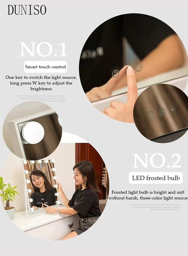Smart Touch Control Electric Tabletop Makeup Mirror，Hollywood makeup mirror，Vanity Mirror with 12 Dimmable Bulbs LED Lights, Three Color Lighting Modes, 360°Rotation