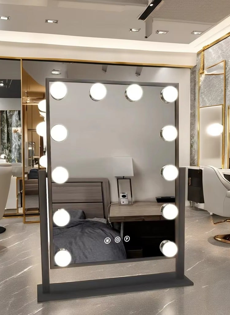 Smart Touch Control Electric Tabletop Makeup Mirror，Hollywood makeup mirror，Vanity Mirror with 12 Dimmable Bulbs LED Lights, Three Color Lighting Modes, 360°Rotation