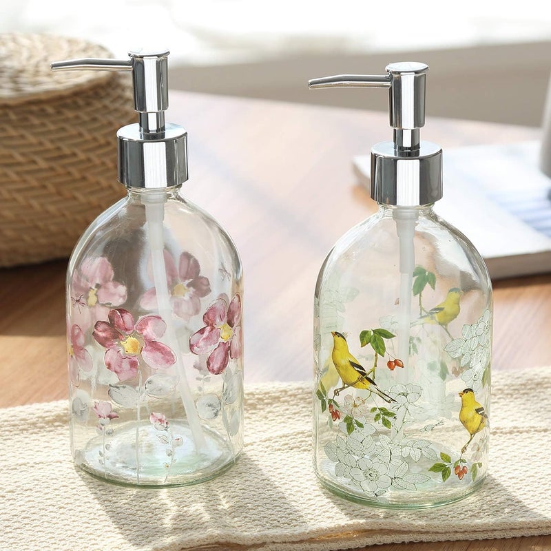Topadorn 17oz Flower Glass Soap Dispenser Bottle with Plastic Pump, Set of 2 Premium Bathroom Soap Dispenser for Kitchen & Bathroom - Image 2