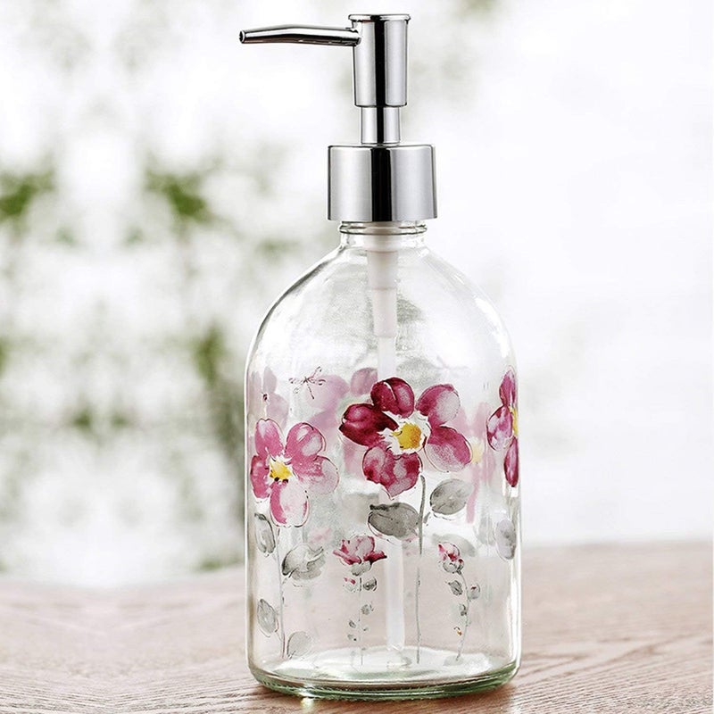 Topadorn 17oz Flower Glass Soap Dispenser Bottle with Plastic Pump, Set of 2 Premium Bathroom Soap Dispenser for Kitchen & Bathroom - Image 5