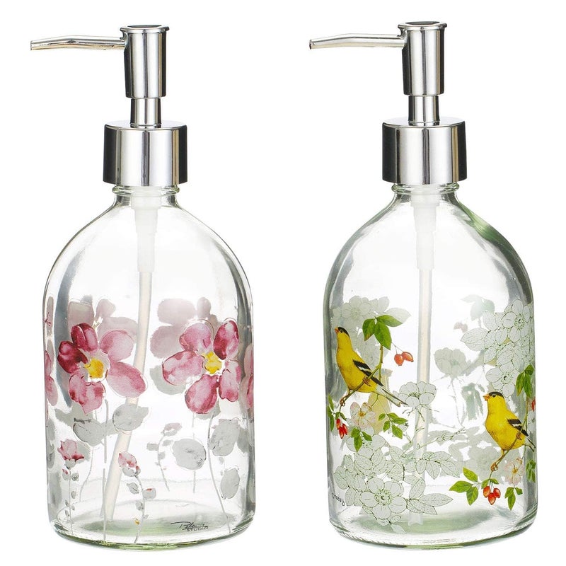 Topadorn 17oz Flower Glass Soap Dispenser Bottle with Plastic Pump, Set of 2 Premium Bathroom Soap Dispenser for Kitchen & Bathroom - Image 1