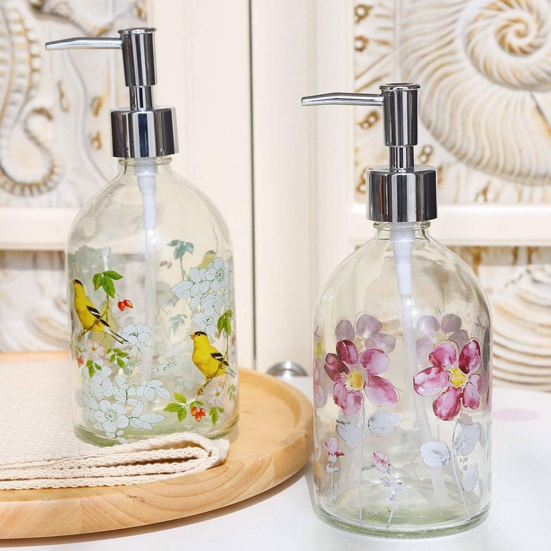 Topadorn 17oz Flower Glass Soap Dispenser Bottle with Plastic Pump, Set of 2 Premium Bathroom Soap Dispenser for Kitchen & Bathroom - Image 3