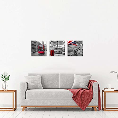 NAN Wind 3 Pcs Modern Giclee Canvas Prints Red Bus on London Street Black and White London Wall Art Union Jack Wall Decor Paintings on Canvas Stretched and Framed Ready to Hang for Home Decor - Image 3