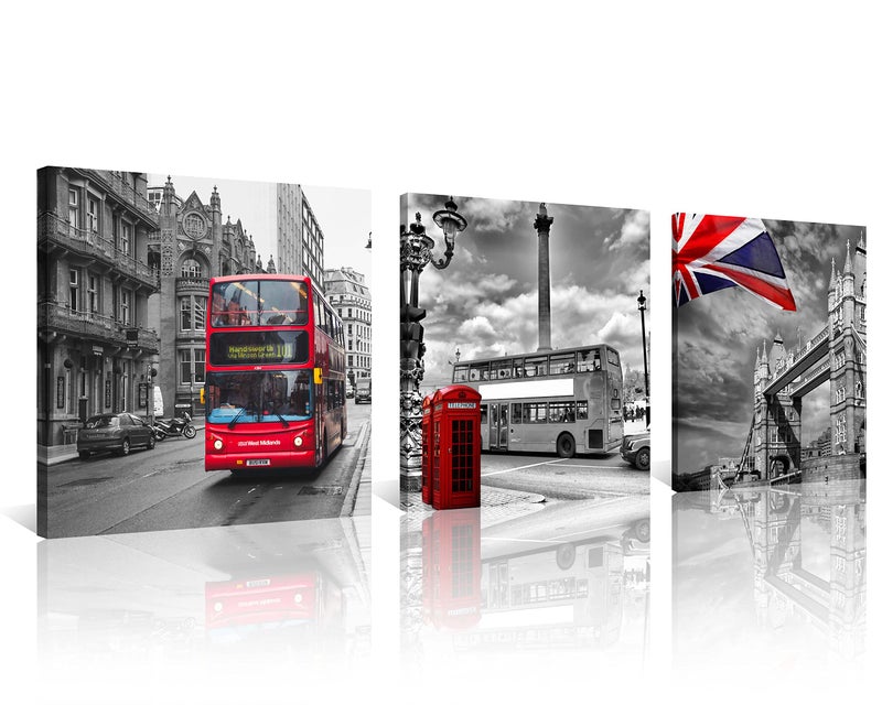 NAN Wind 3 Pcs Modern Giclee Canvas Prints Red Bus on London Street Black and White London Wall Art Union Jack Wall Decor Paintings on Canvas Stretched and Framed Ready to Hang for Home Decor - Image 1