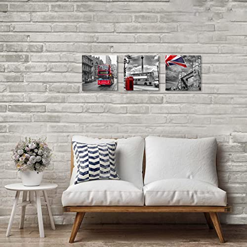 NAN Wind 3 Pcs Modern Giclee Canvas Prints Red Bus on London Street Black and White London Wall Art Union Jack Wall Decor Paintings on Canvas Stretched and Framed Ready to Hang for Home Decor - Image 4