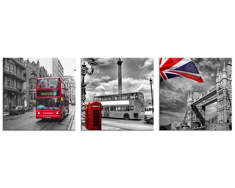 NAN Wind 3 Pcs Modern Giclee Canvas Prints Red Bus on London Street Black and White London Wall Art Union Jack Wall Decor Paintings on Canvas Stretched and Framed Ready to Hang for Home Decor - Image 2