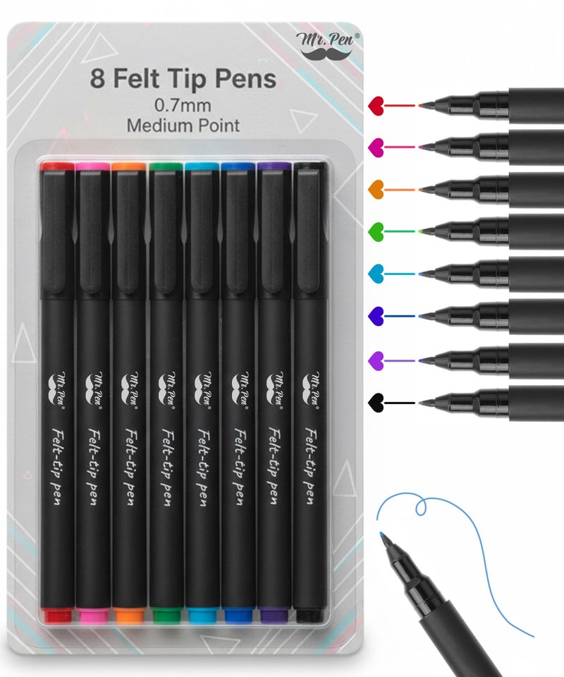 Mr. Pen- Felt Tip Pens, Assorted Colors, 8 Pack, 0.7mm, Fine Felt Tip Pens Fine Point, Journaling, Note Taking, Fast Dry, Writing - Image 1