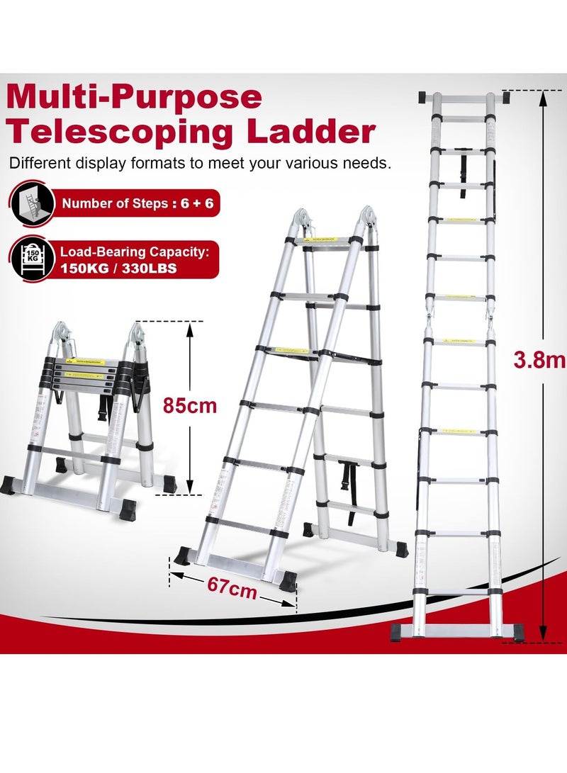 Aluminum folding telescopic ladder, 3.8m extendable ladder, non-slip aluminum ladder, stair ladder, multifunction ladder, extendable telescopic ladder with 150kg load capacity. - Image 2