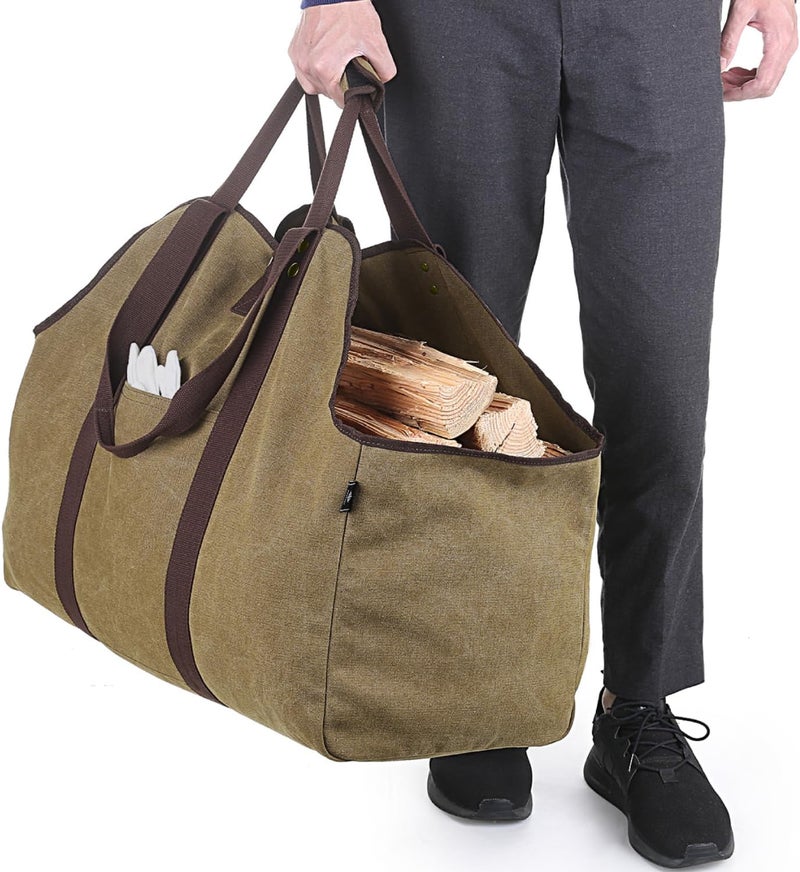 BONTHEE Firewood Carrier Bag Waxed Canvas Waterproof Extra Large Log Carrier Holder Freestanding Tote Bag for Firewood - Image 1