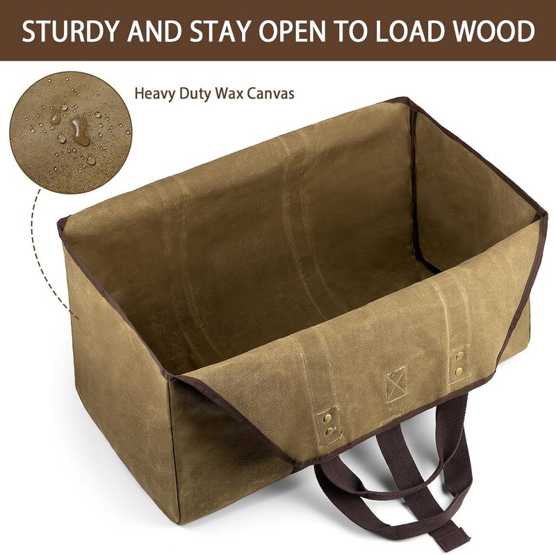 BONTHEE Firewood Carrier Bag Waxed Canvas Waterproof Extra Large Log Carrier Holder Freestanding Tote Bag for Firewood - Image 2