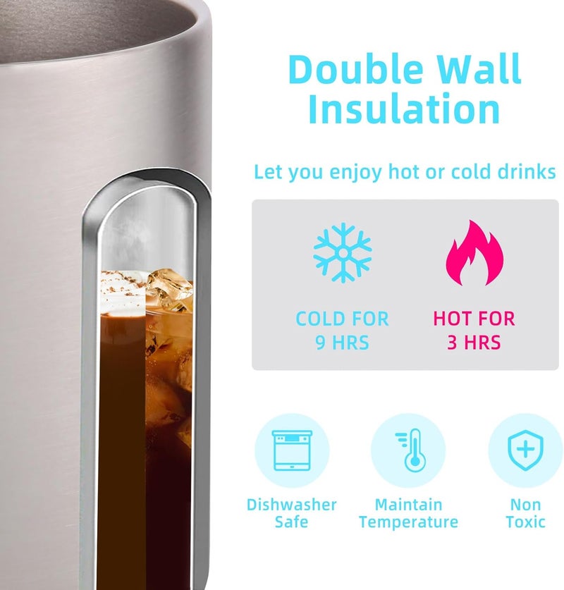 Volhoply 420ml Coffee Thermal Mug, Double Wall Vacuum Insulated Stainless Steel Mug with Handle, Food Grade 18/8 Stainless Steel, Keeps Drinks Hot and Cold for Camping, Office (Multicolor, Set of 2) - Image 3