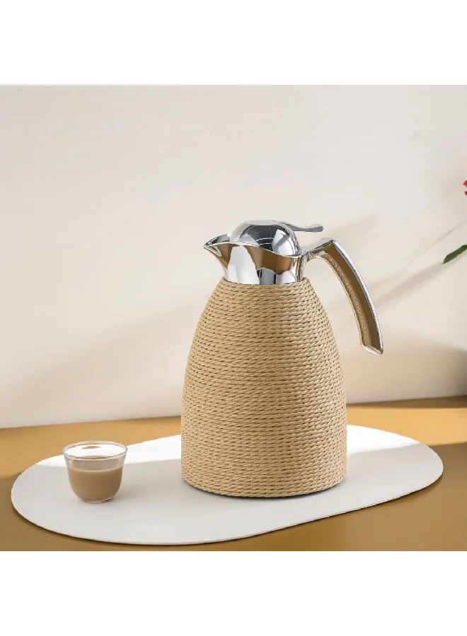 Bien Servi Steel Vacuum Flask with Rope Beige and Silver 1 Liter V-M80510-BT-R-B