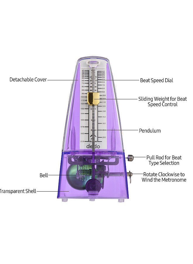 Transparent Mechanical Metronome with Bell Universal Wind up Metronome with Loud Sound Beat Selection Speed Control for Guitar Piano Violin Drum