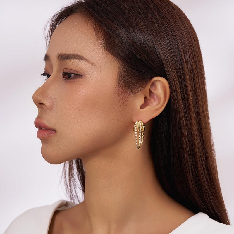 GZJOGO Gold Triple Hoop Earrings, Chunky 14k Gold Plated Hypoallergenic CZ Drop Dangle Dainty Women's Earrings - Image 3